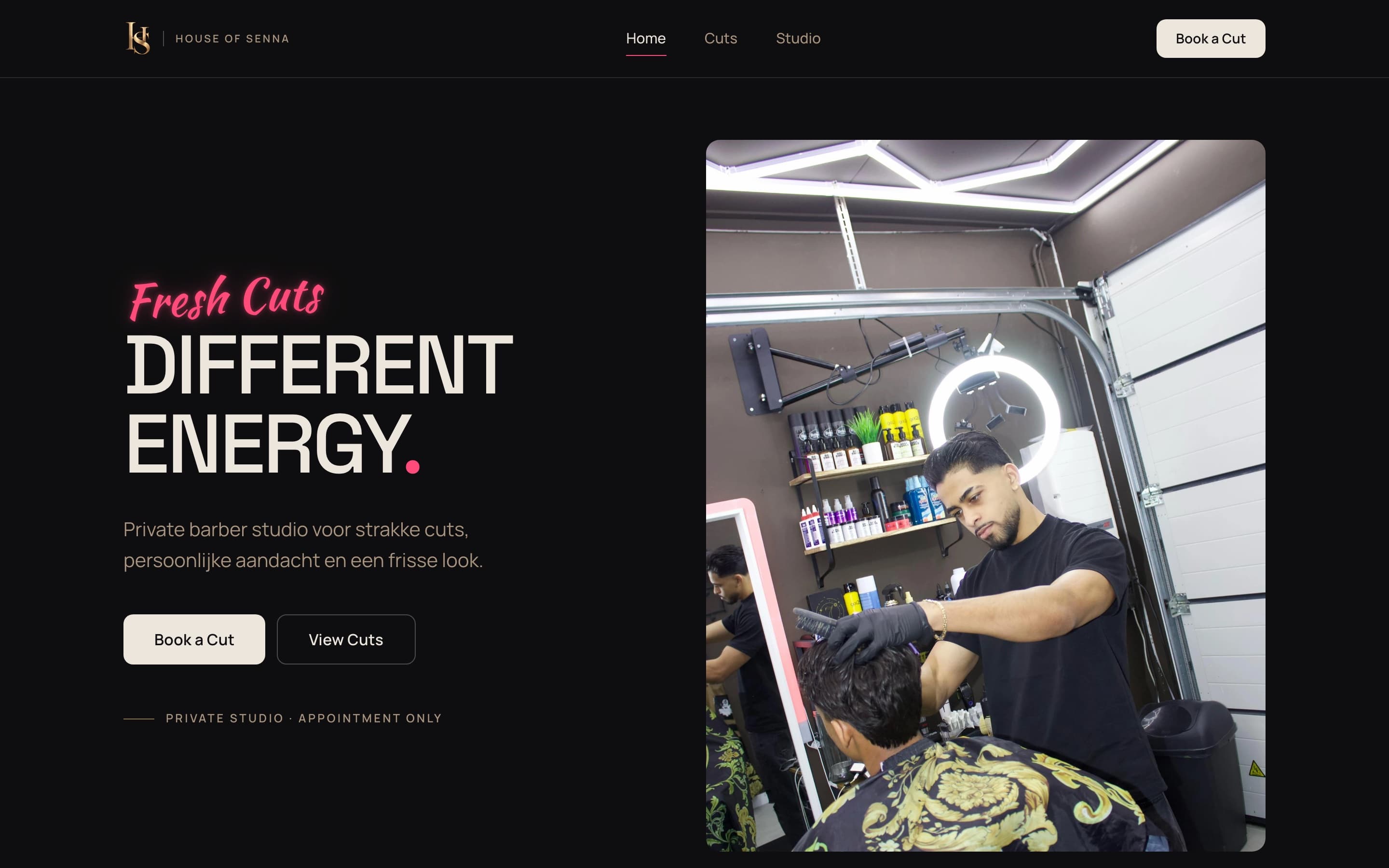 Homepage van de House of Senna website met de hero 'Fresh Cuts — Different Energy.'
