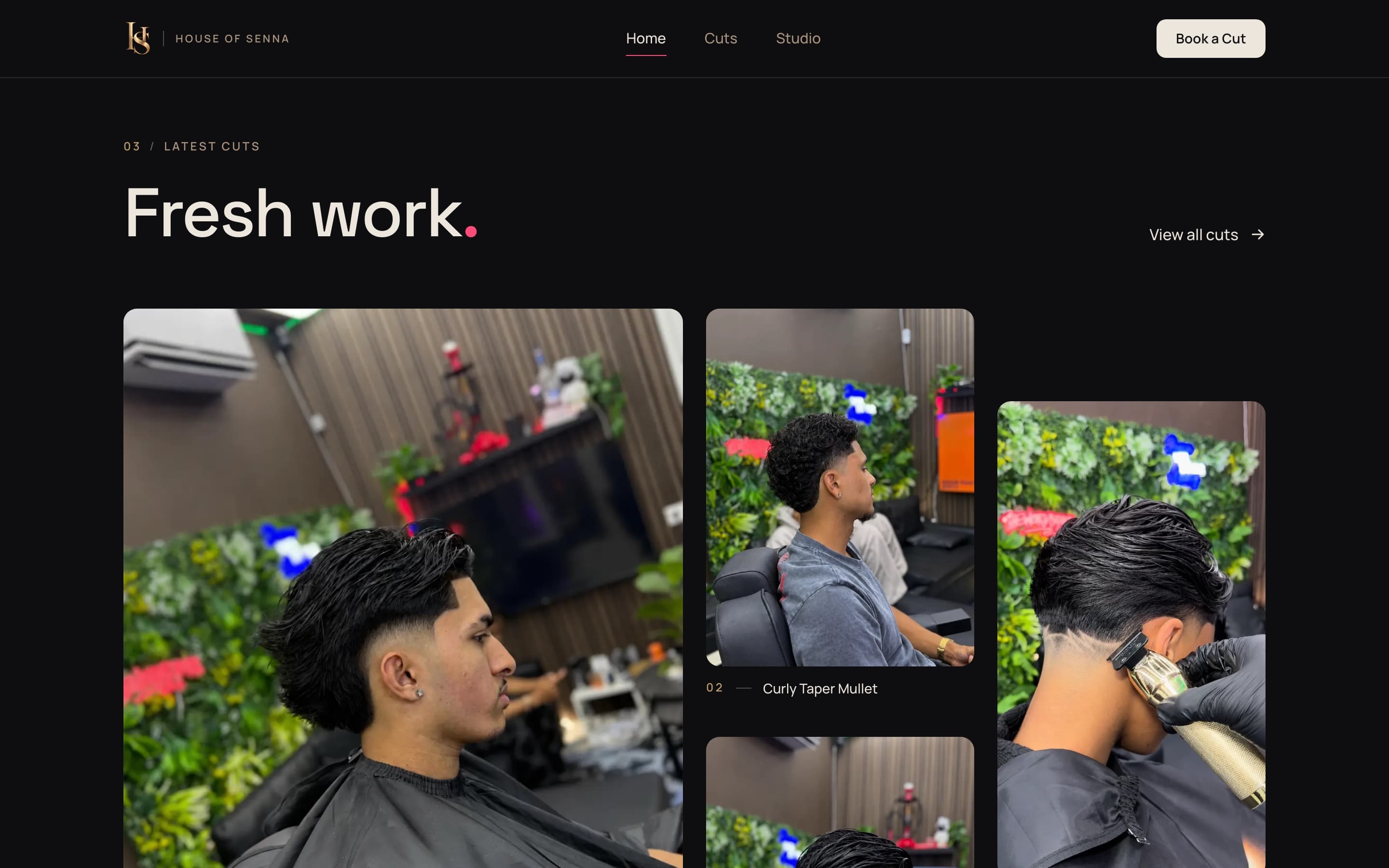 Latest Cuts-sectie van de House of Senna homepage met echte haircutfoto's
